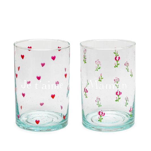 Hand painted glass | Duo of Glasses | I LOVE YOU + MOM